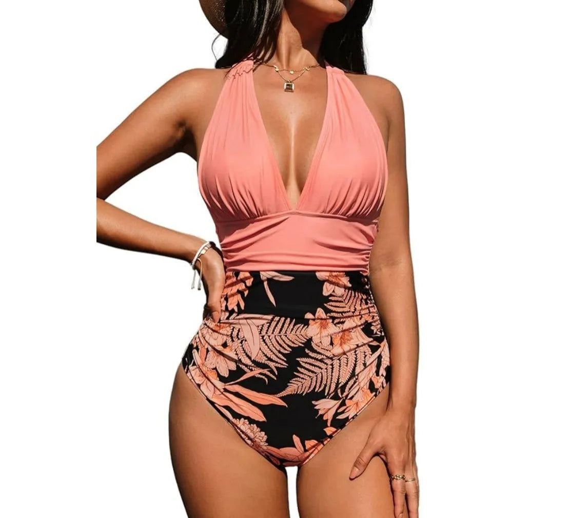 Women's halter neck one-piece swimsuit in quick-dry polyester fabric shown in multiple colour options
