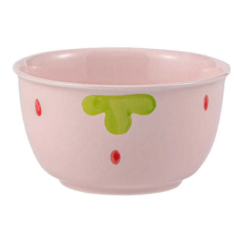 Cute strawberry design porcelain dinnerware set with bowl, plates, and twist spoon