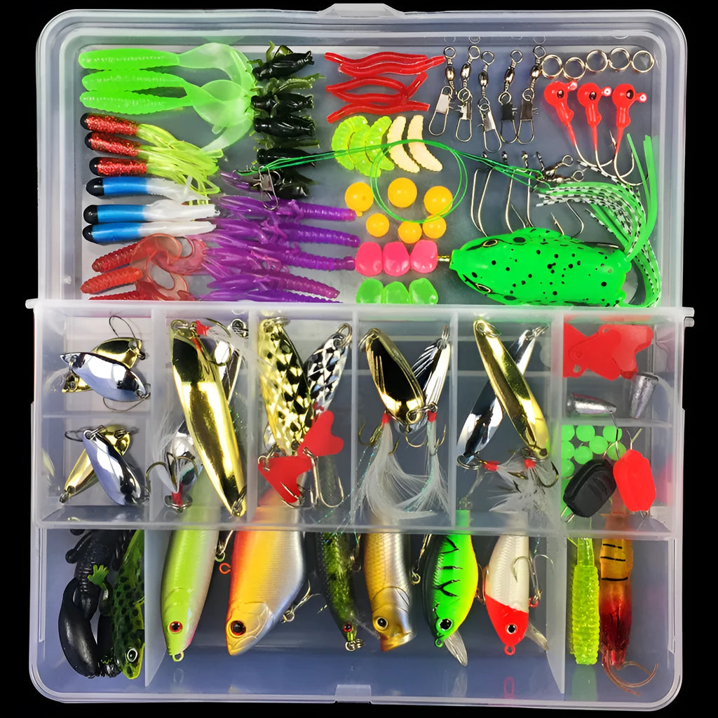 Junior fishing lure suit set with PP plastic storage box containing an assortment of artificial baits.