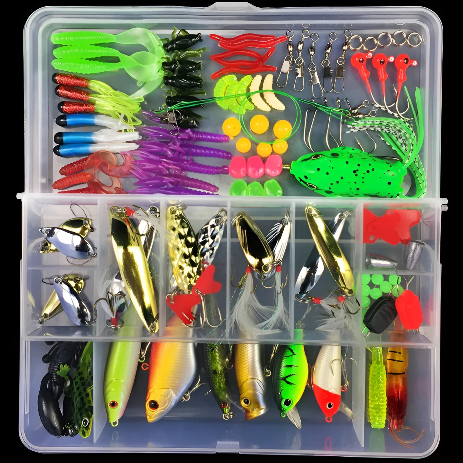 Junior fishing lure suit set with PP plastic storage box containing an assortment of artificial baits.