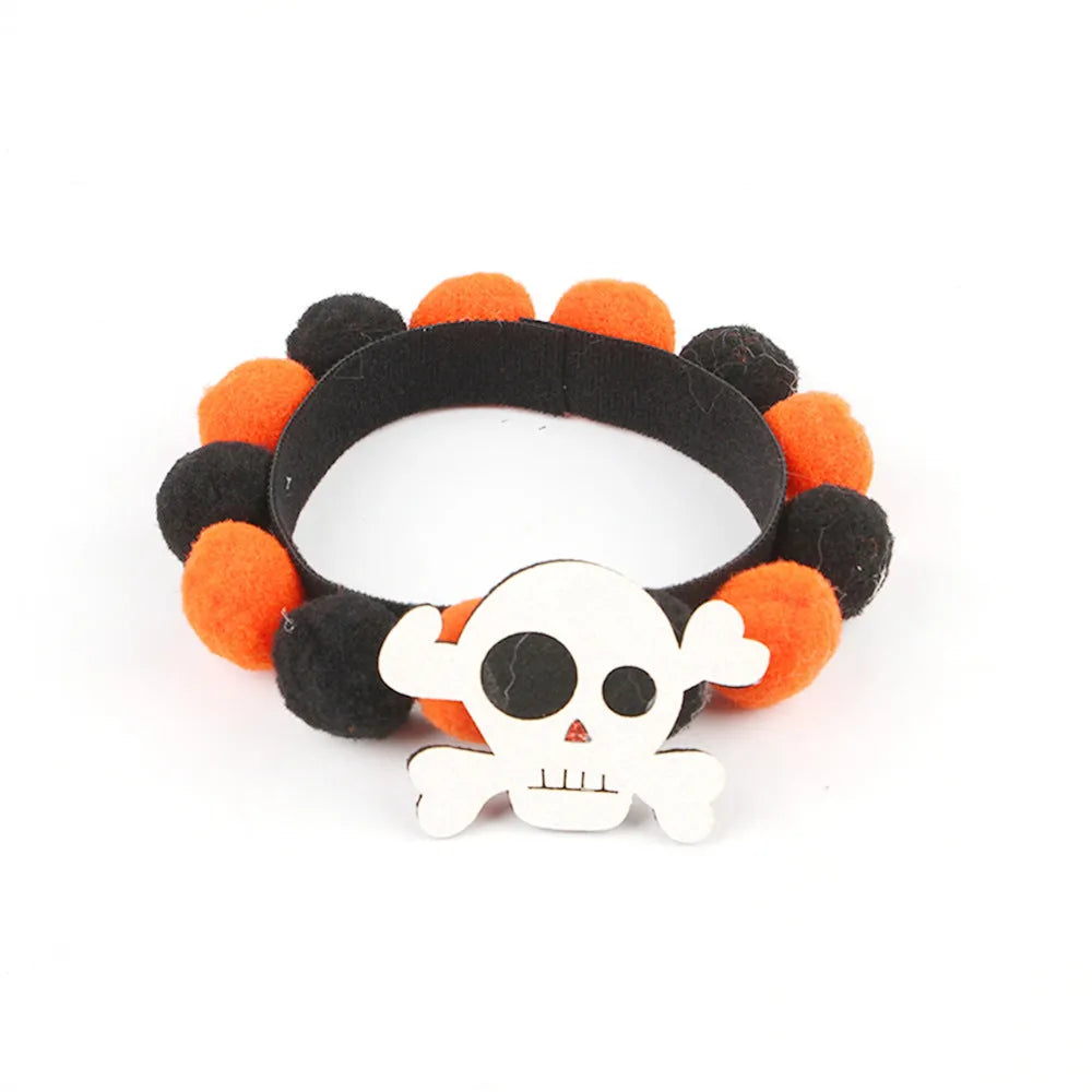 Halloween pet collar with fur ball decorations in pumpkin, skull, witch and bow designs