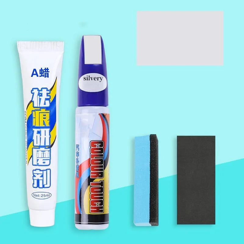 Automotive scratch repair kit with paint pen, wax pen, sponge, and sandpaper