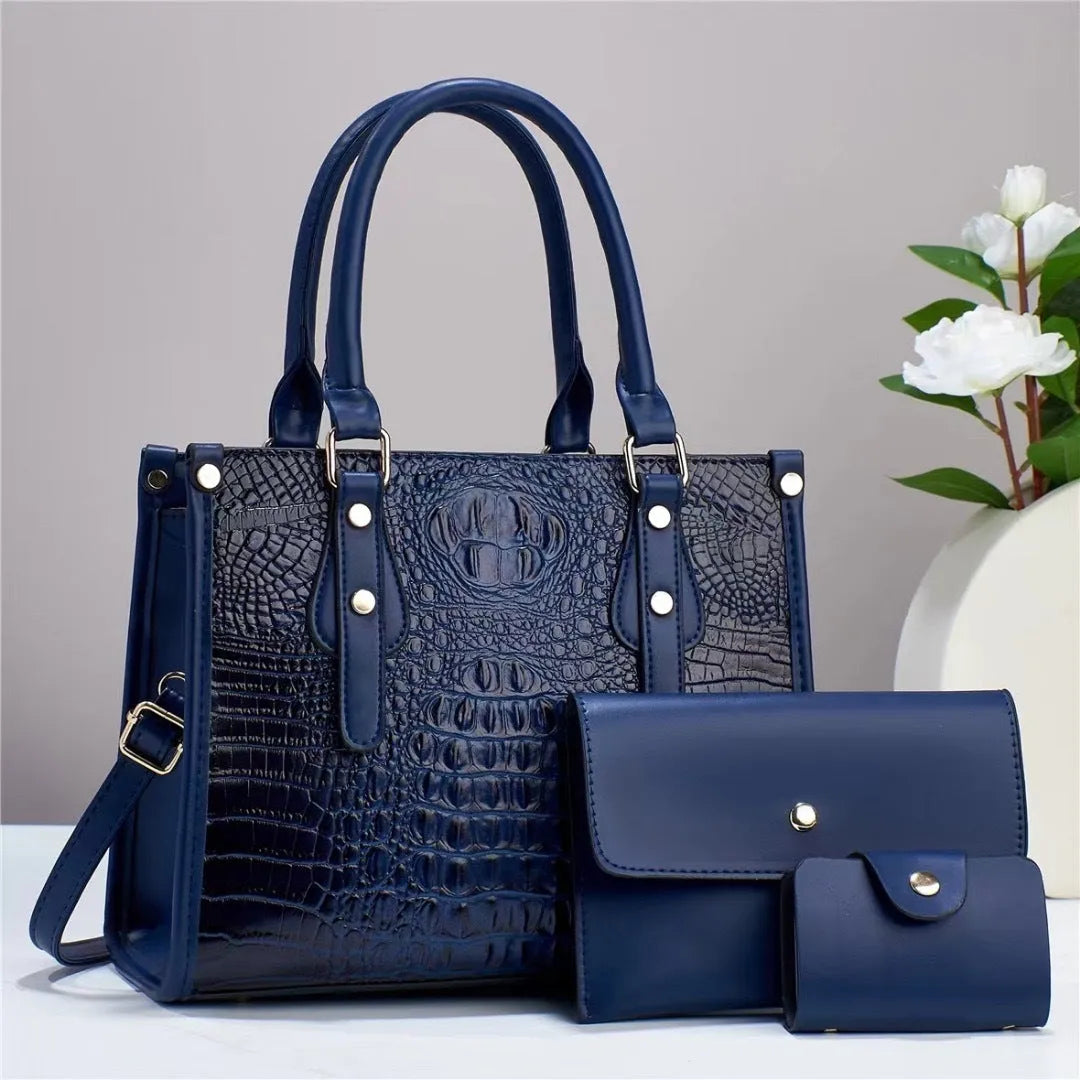 PU leather three-piece organiser set with crossbody bag, wallet, and card holder in contrasting colours