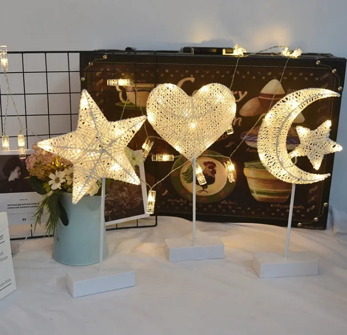 Rattan LED star lamp and heart lamp with copper wire frame for bedroom decoration