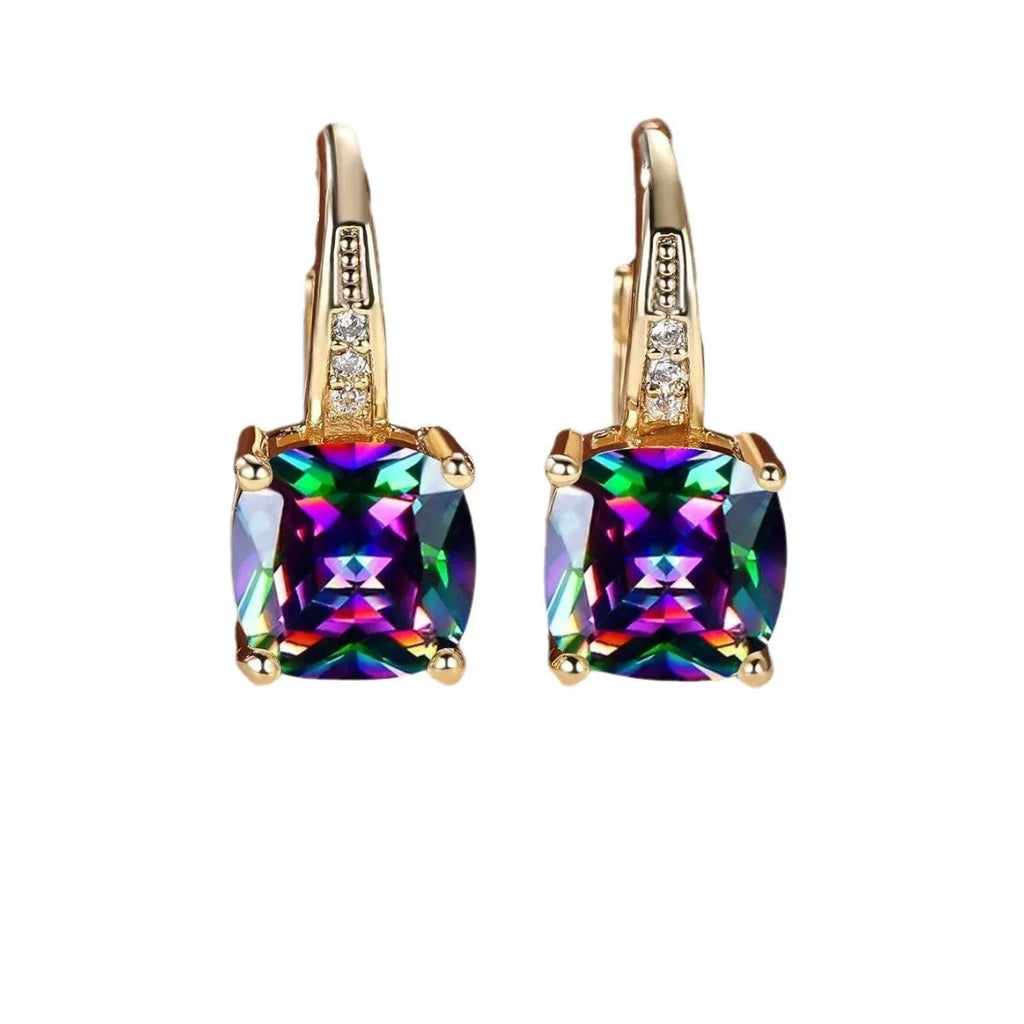 Square geometric ear clip earrings with colourful moissanite inlay on gold electroplated finish