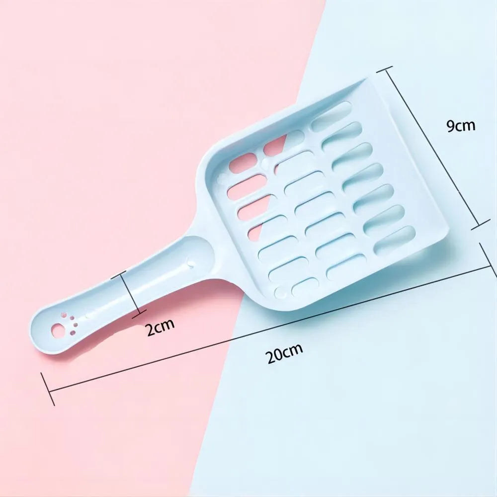 Blue plastic cat litter scoop with sand filter, shown next to a ruler indicating 20cm length.
