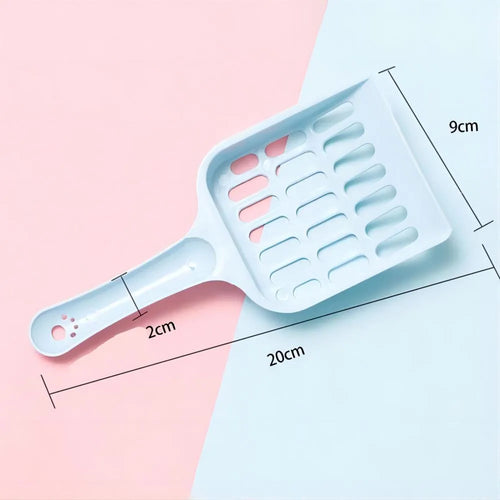 Blue plastic cat litter scoop with sand filter, shown next to a ruler indicating 20cm length.