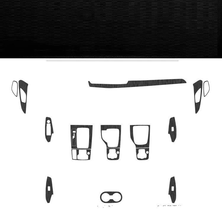 Car interior decorative sticker kit for centre console and dashboard modification with model-specific pieces