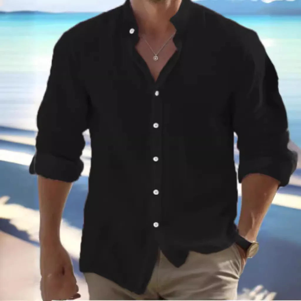 Men's light blue long-staple cotton casual summer shirt with button front and collar on a hanger.