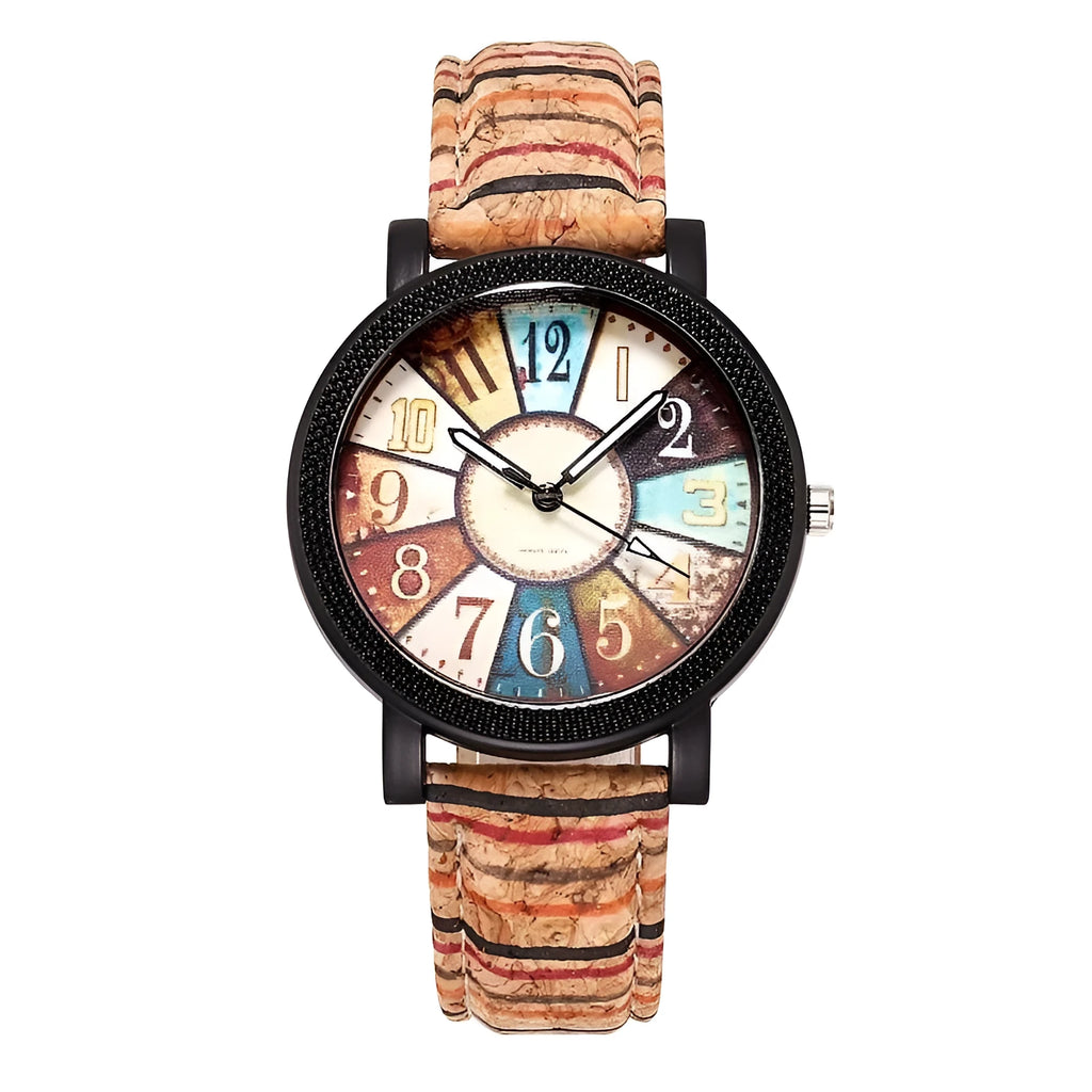 Vintage style leather strap women's quartz watch with 37mm round dial and stainless steel buckle