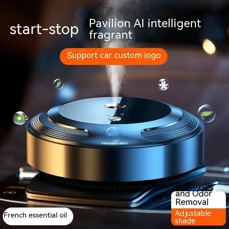 Automatic car air freshener diffuser with metal and zinc alloy build on anti-slip pad.