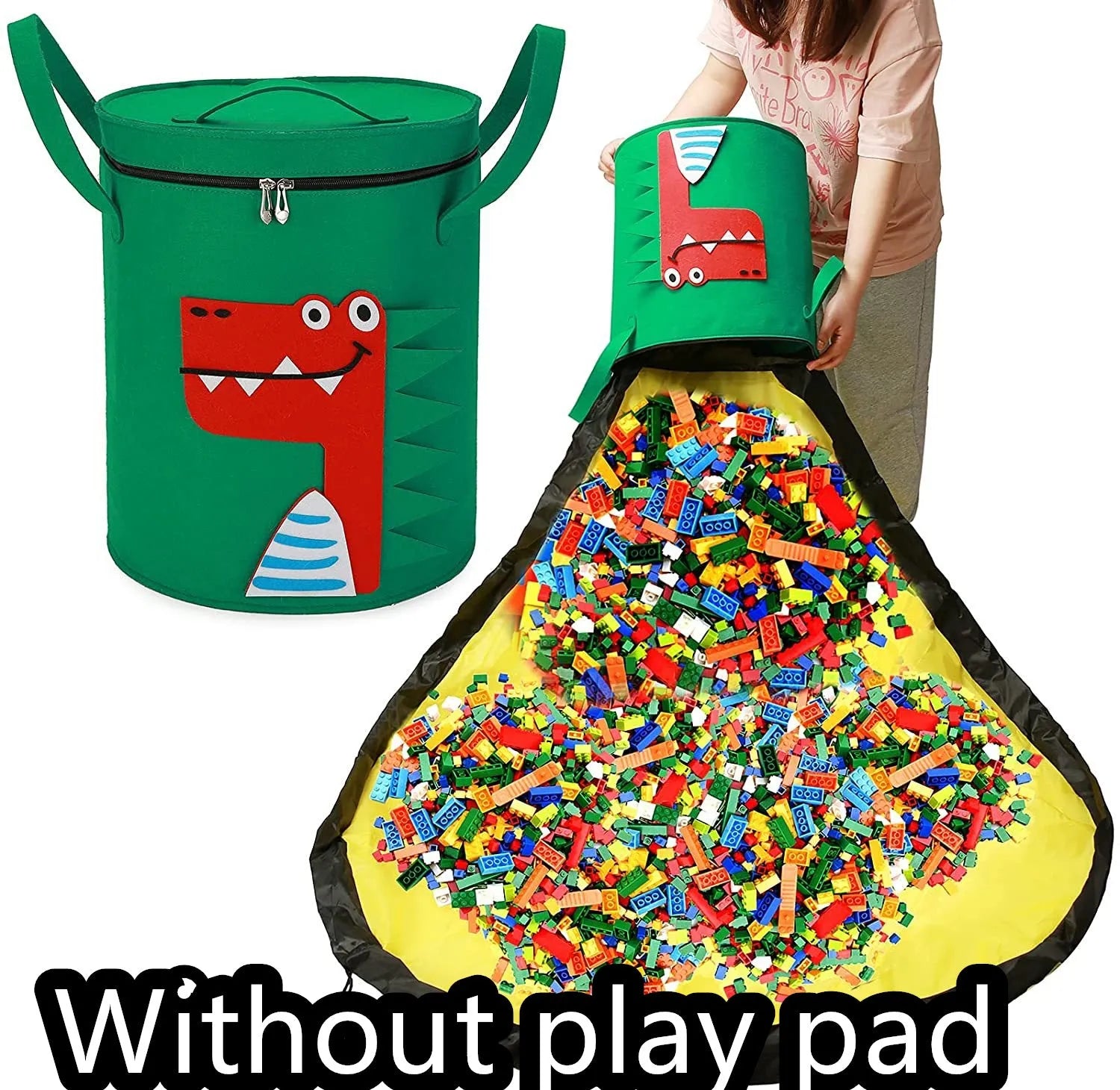 Green felt storage cube with pull rope unfolded as waterproof play mat for children's toys