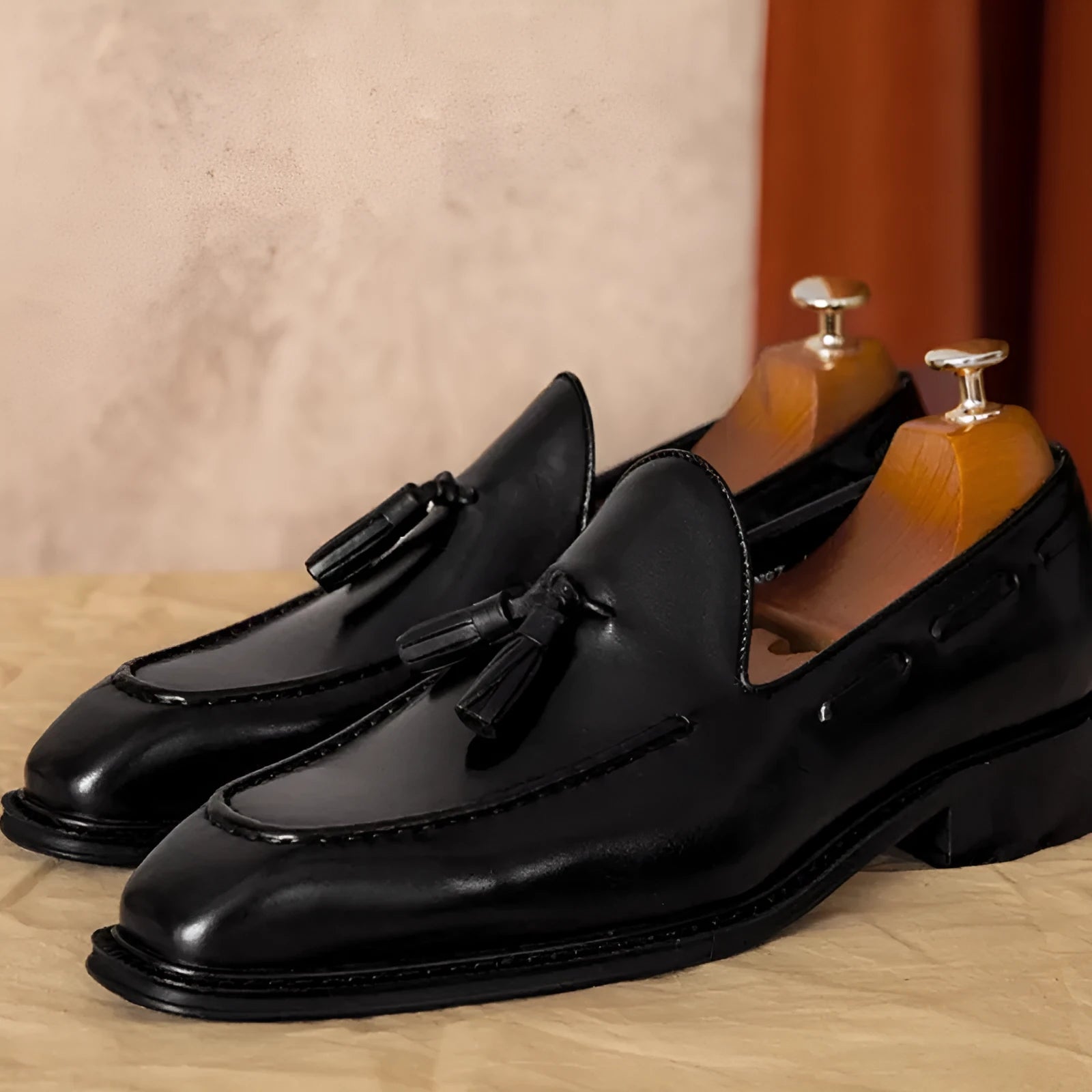 Men's black and brown genuine leather slip-on loafers with pigskin lining and rubber sole