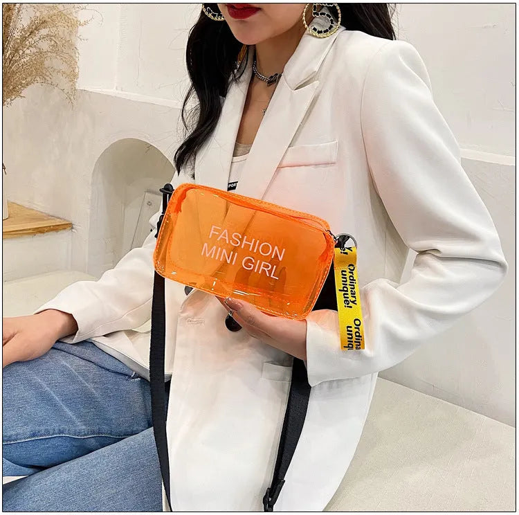 Transparent square jelly crossbody bag with adjustable strap in various colour options