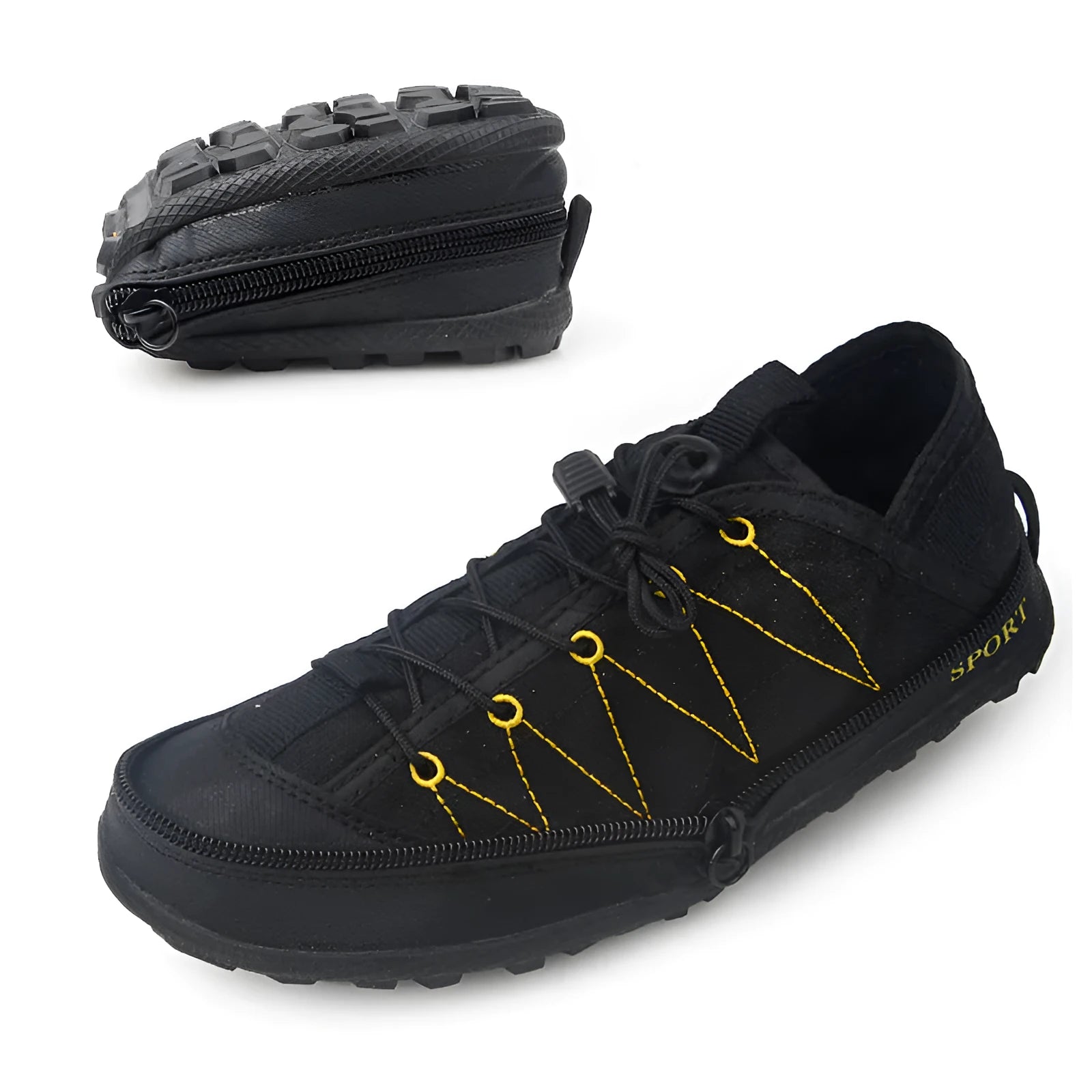Portable folding outdoor hiking shoes in orange, featuring a mesh upper and side zipper closure.
