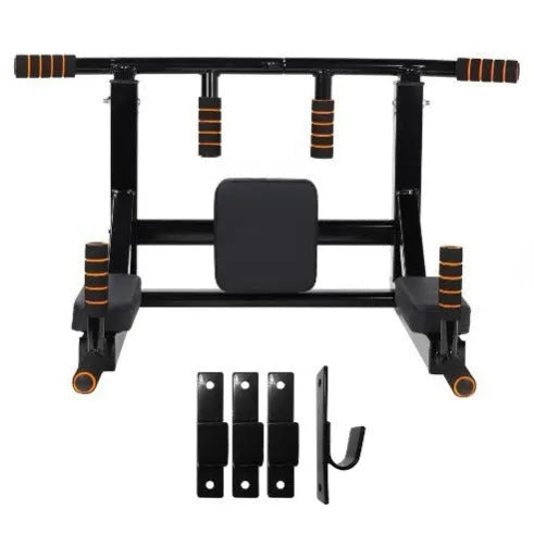 Black wall-mounted metal fitness station with a sandbag rack and single parallel bars for pull-ups