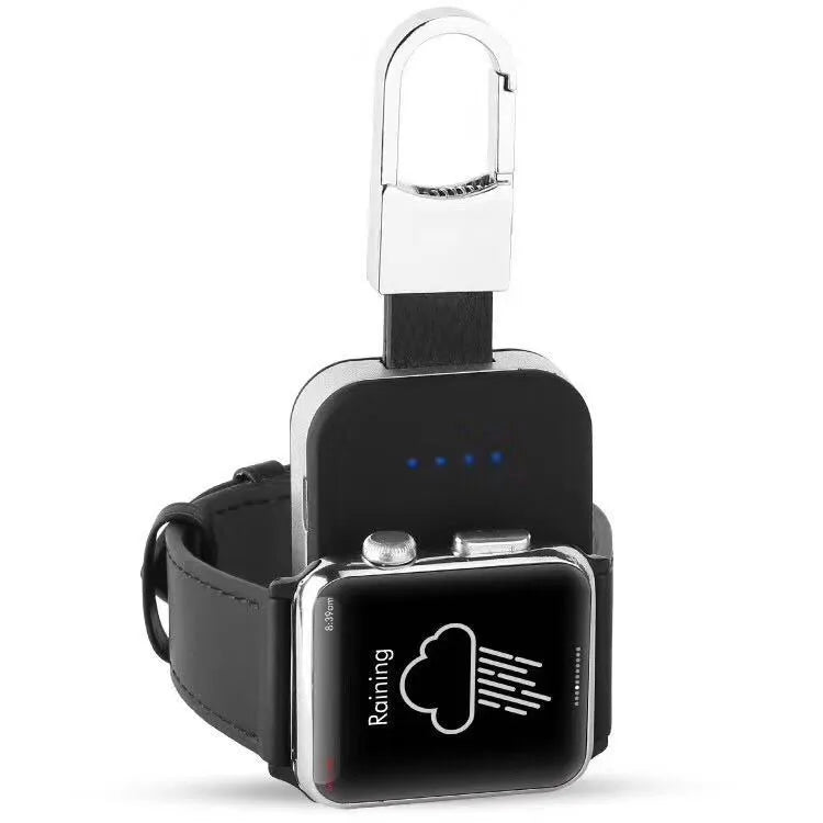 Black Apple Watch keychain wireless power bank with 1000mAh battery next to an Apple Watch.