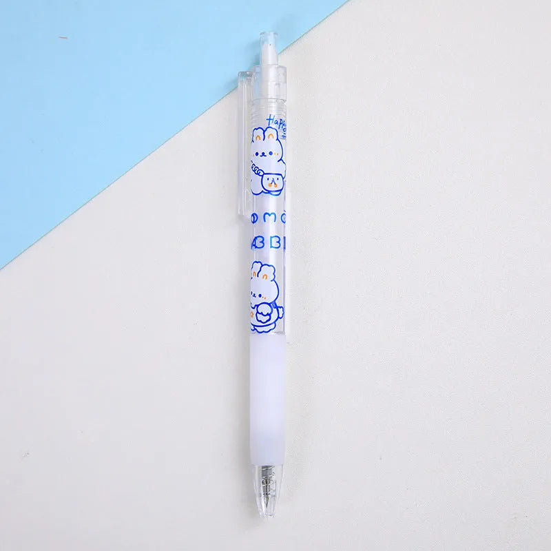 Set of six cute cream bear and rabbit character press pen knives on a white background.