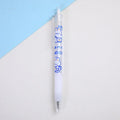 Set of six cute cream bear and rabbit character press pen knives on a white background.
