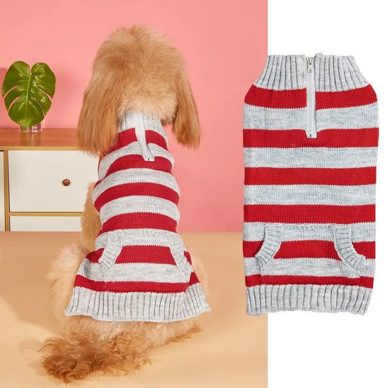 Grey dog sweater with horizontal zipper and button-accented pockets for small medium breeds