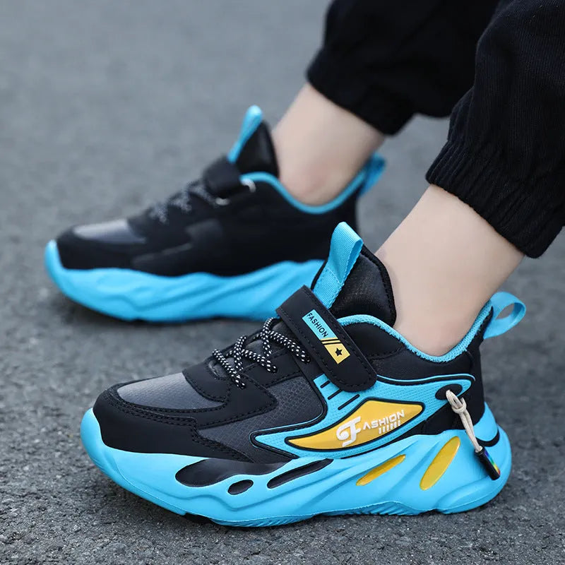 Boys' dark blue and black sports running shoes with velcro strap and mesh upper.
