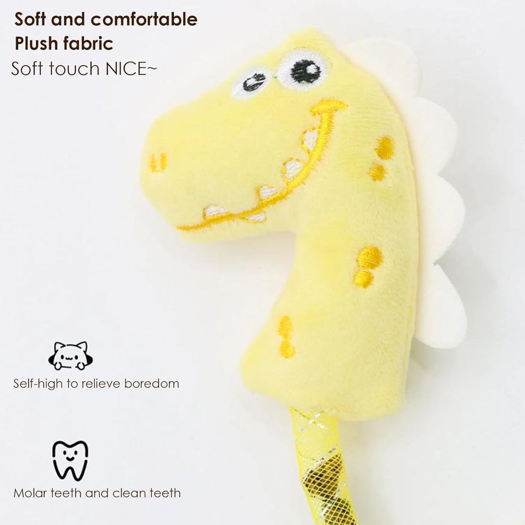 Set of four colourful plush cat toys including a mouse, fish, bunny, and chew toy on a white background.