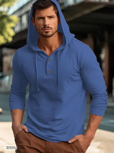 Cotton casual sports hoodie top in dark blue colour with pullover design and long sleeves