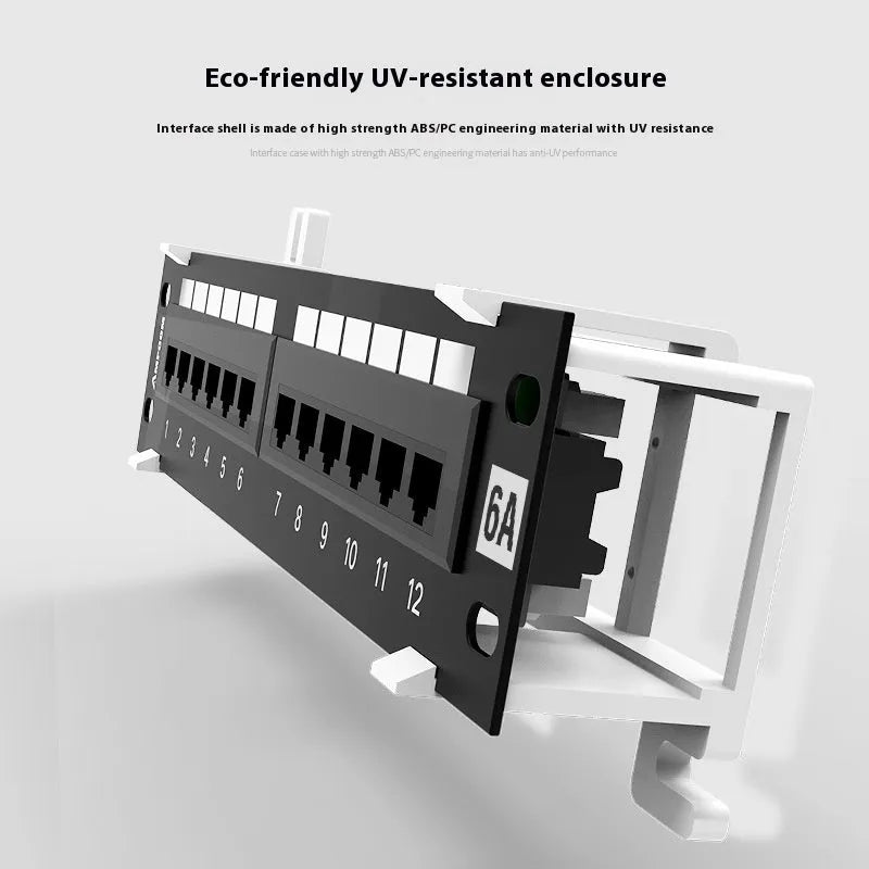 Black 12-port network distribution frame with steel construction for cabinet mounting