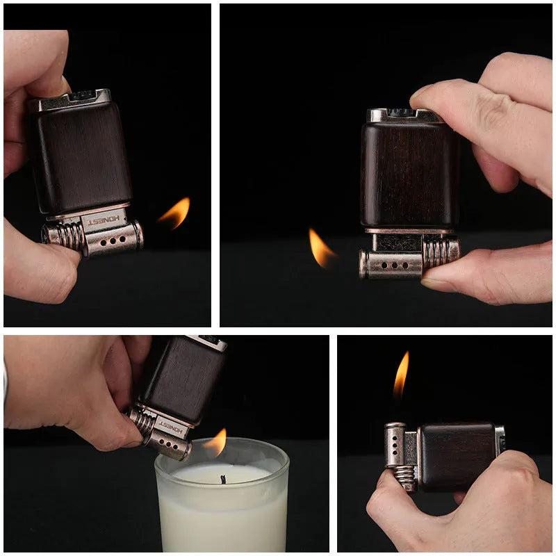 Black wood ebony gas lighter with rosewood sun face decorative panel