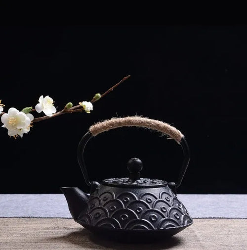 Japanese cast iron teapot with decorative pattern and enamel interior, 0.9L capacity