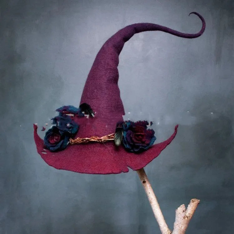 Women modern witch hat costume pointed cloth Halloween party hat in purple, fuchsia, blue, brown, red colours 36x39cm