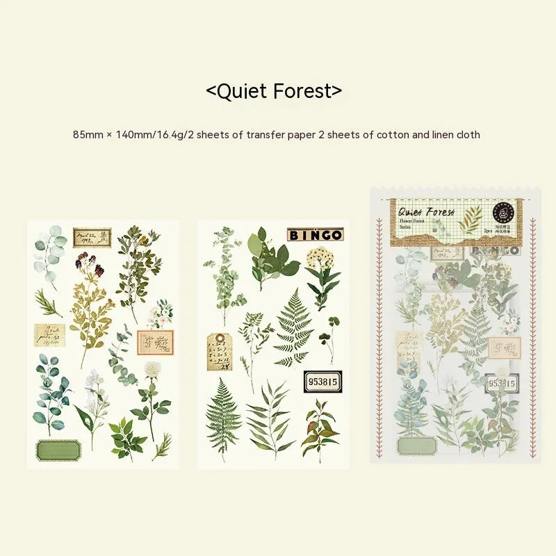 Huazhisen Series sticker material pack showing forest label designs on transfer paper and cotton linen sheets