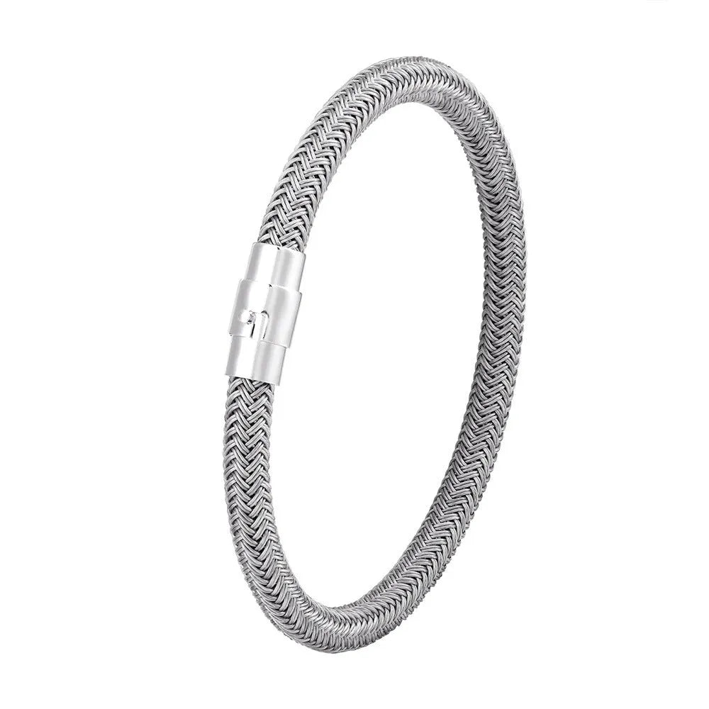 Titanium steel geometric wire bracelet with magnetic closure in silver tone