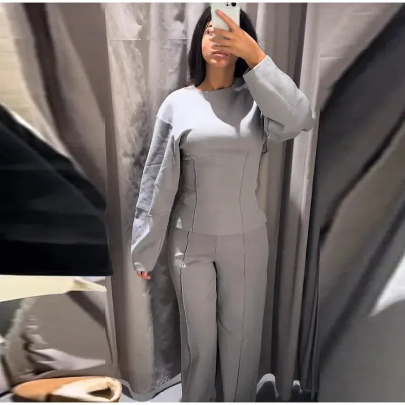Women's polar fleece suit set with pleated top and wide leg trousers in black, apricot, grey or wine red