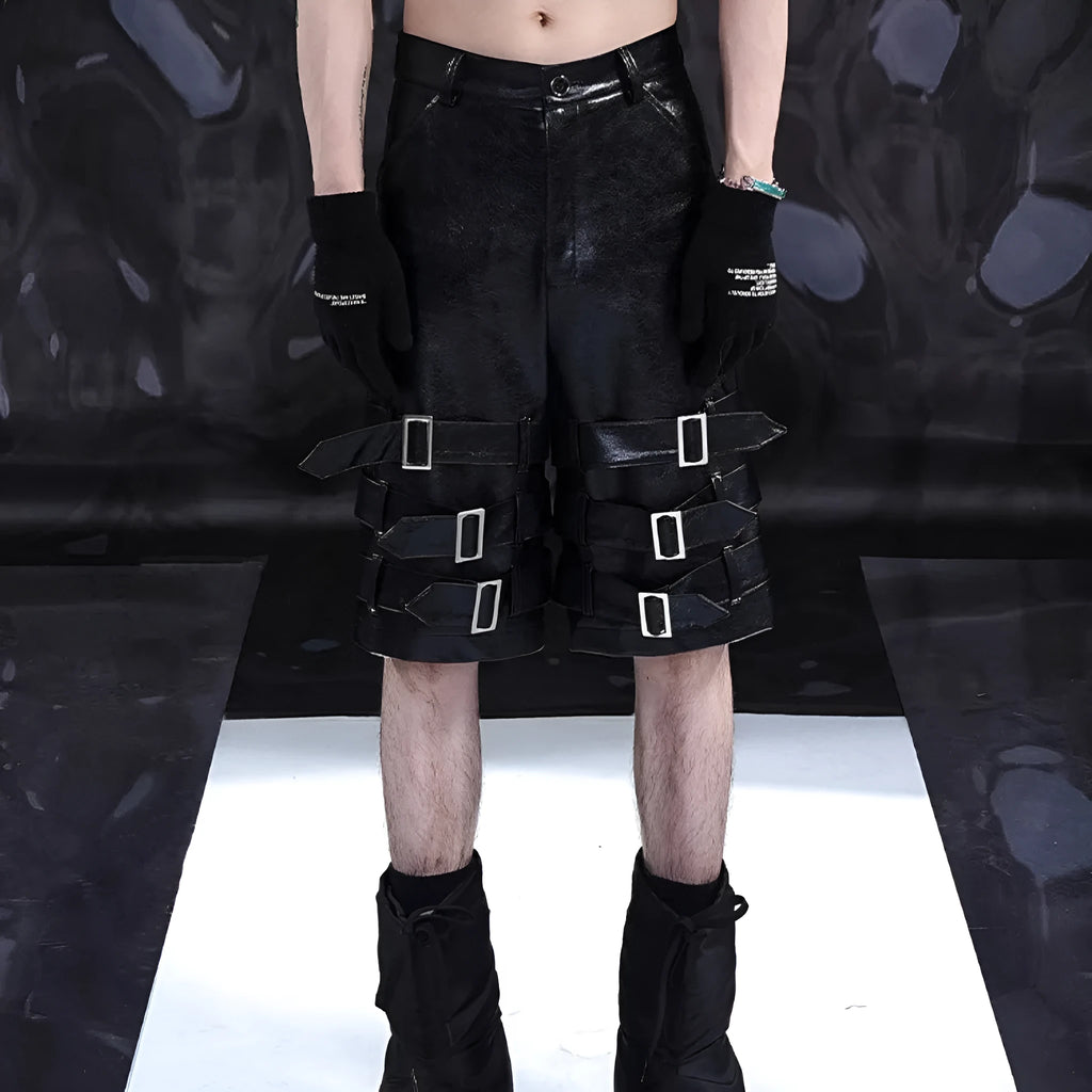 Men's black PU leather cropped shorts on a neutral background