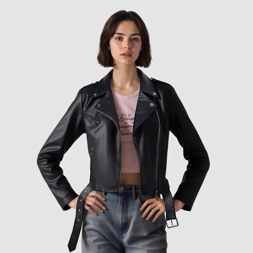 Women's black PU leather motorcycle jacket with lapel collar and decorative belt