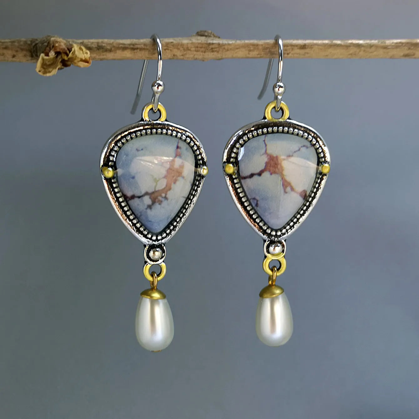 Retro blue drop earrings with two-colour electroplating and geometric bohemian design