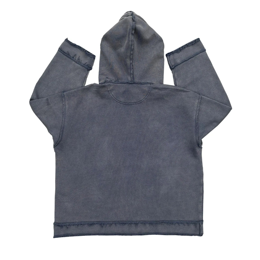 Dark blue hooded sweatshirt with The Sun Also Rises text printed across the back.