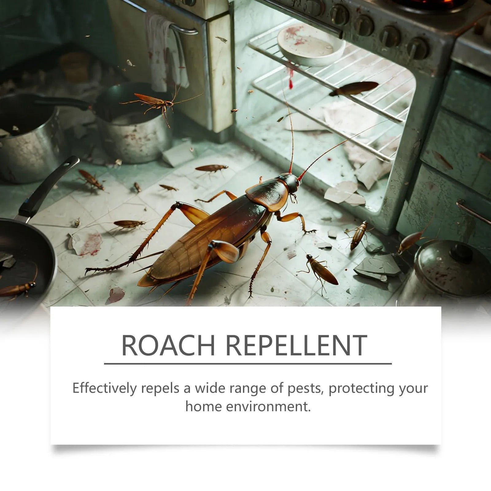 Eight cockroach killer bait station stickers with adhesive glue backing for indoor kitchen pest control