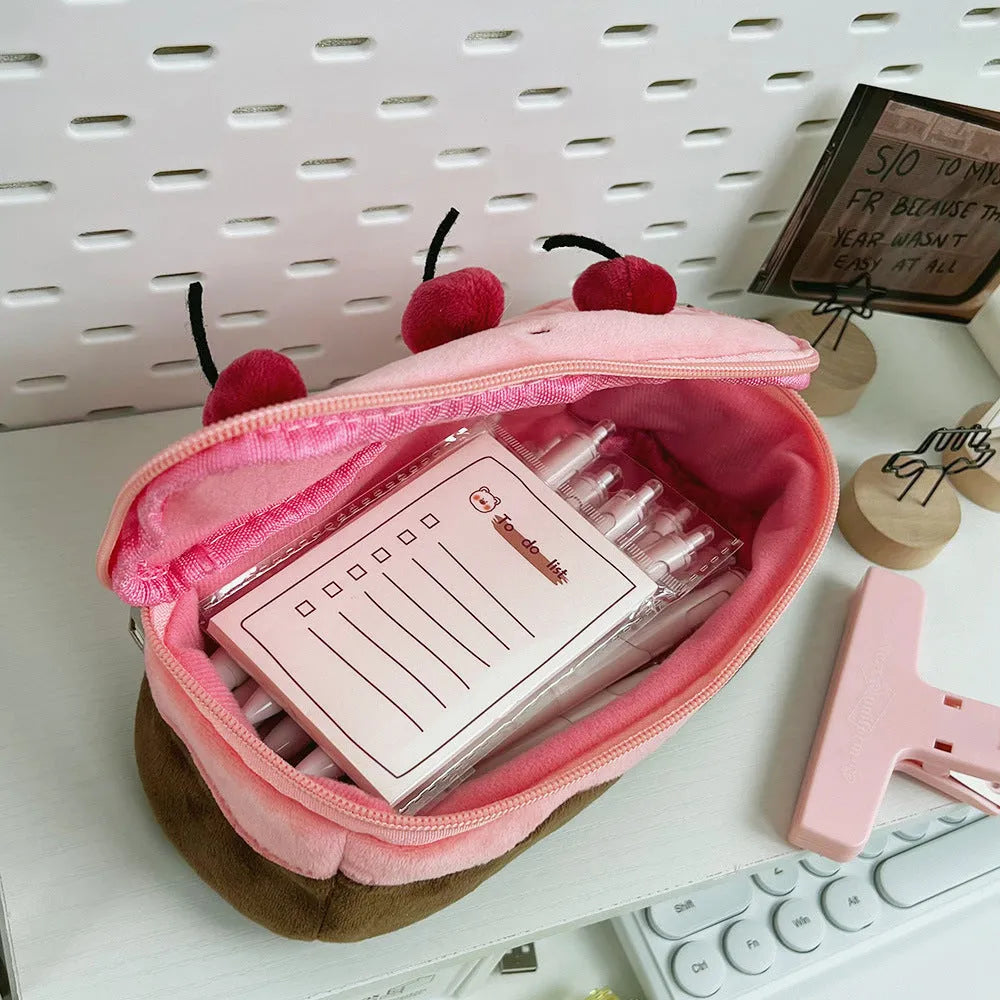 Cherry cake design velvet plush pencil bag in Korean style for pen and pencil storage