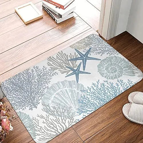 Personalised flannel floor mat in square shape with coastal starfish print and polyester fibre material