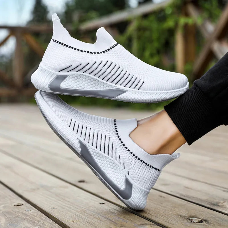 Men's mesh sock shoes with striped design showing flyknit upper and front lace-up styling