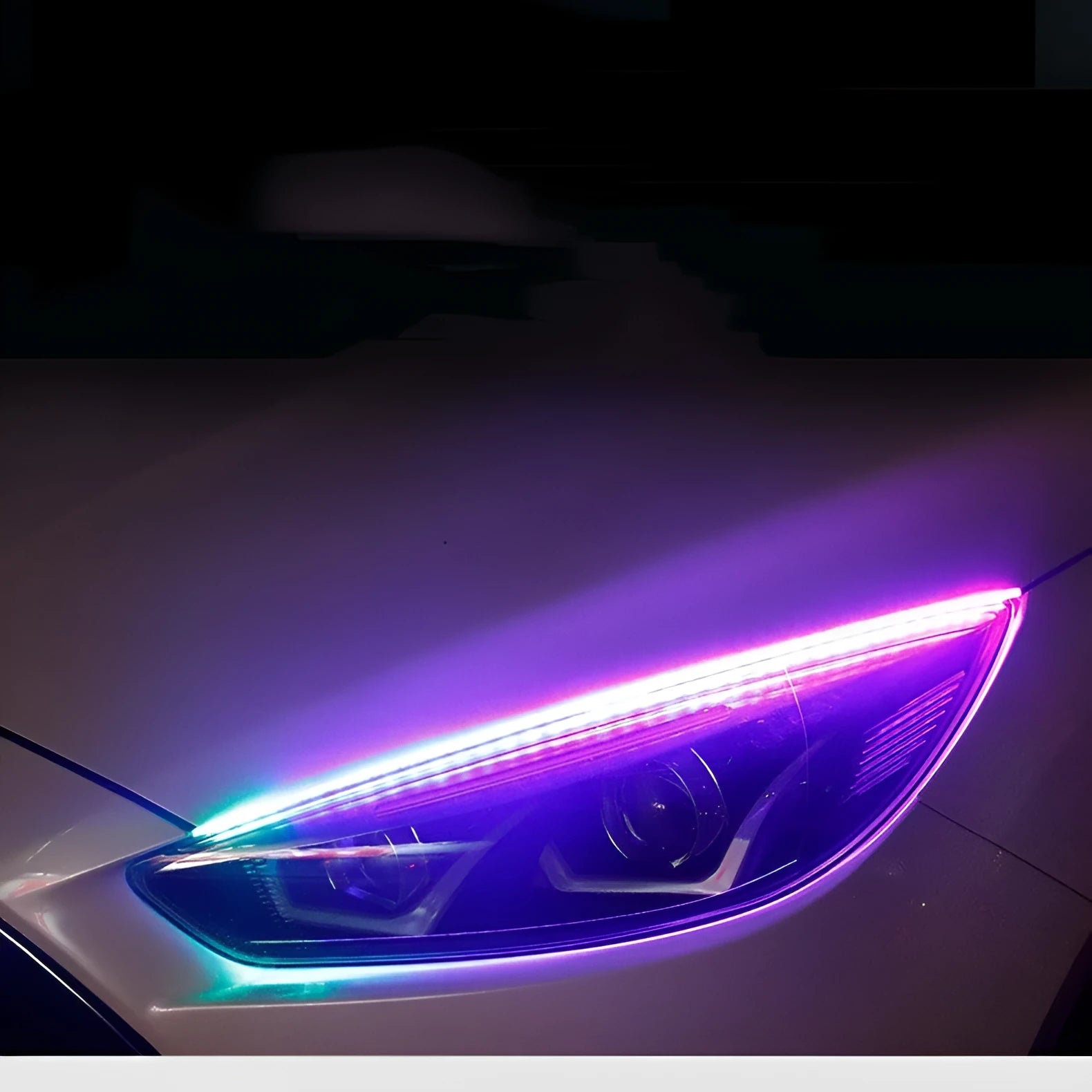 Universal car LED daytime running light strip with remote control for RGB colours, shown in 30cm, 45cm, and 60cm lengths.