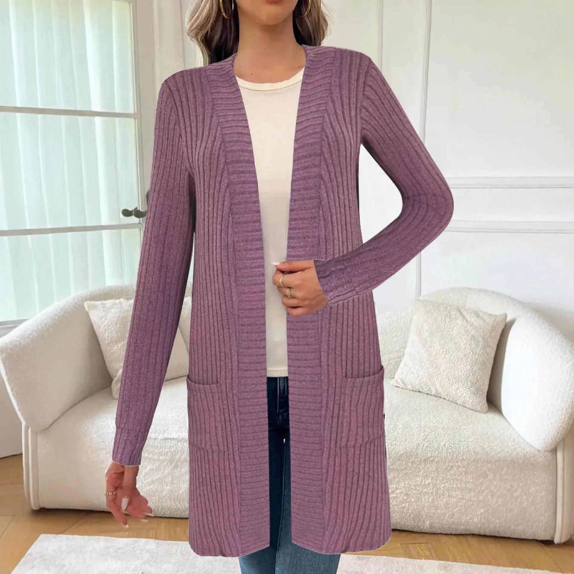 Long sleeve loose pocket knitted cardigan jacket in a relaxed fit, shown in black, grey, or wine red.
