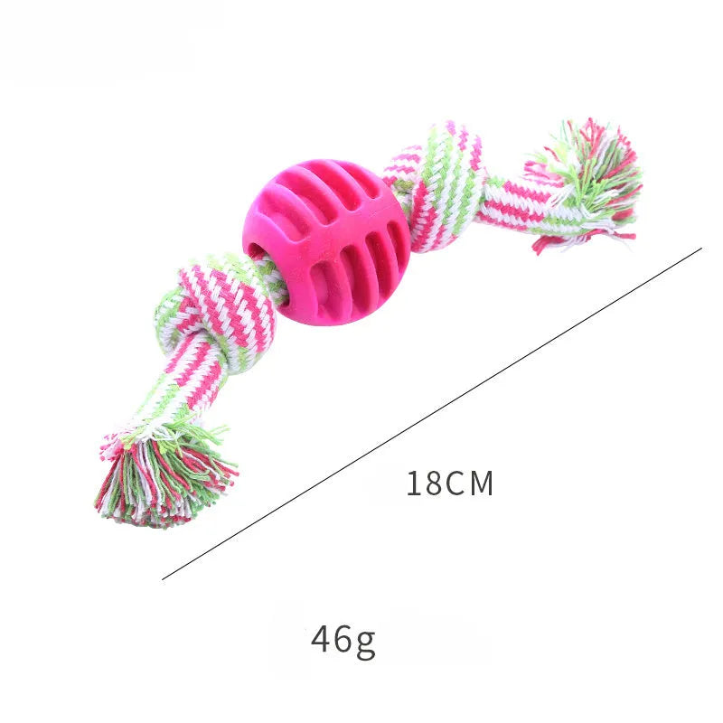 Blue molar-shaped dog chew toy with attached ropes for dental cleaning and tugging play.