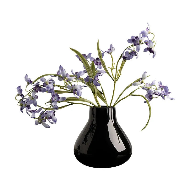 Black and white round belly ceramic decorative vase with optional artificial orchid flowers