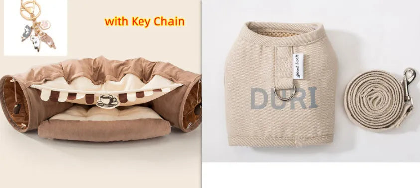 Collapsible cloth cat tunnel in a choice of colours, shown with dimensions 45cm by 50cm by 22cm.