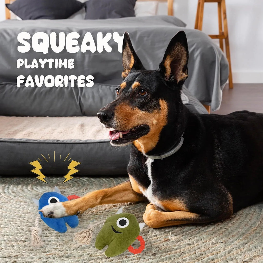 Blue and green plush dog toys with integrated cotton rope and squeaker for chewing and tugging play