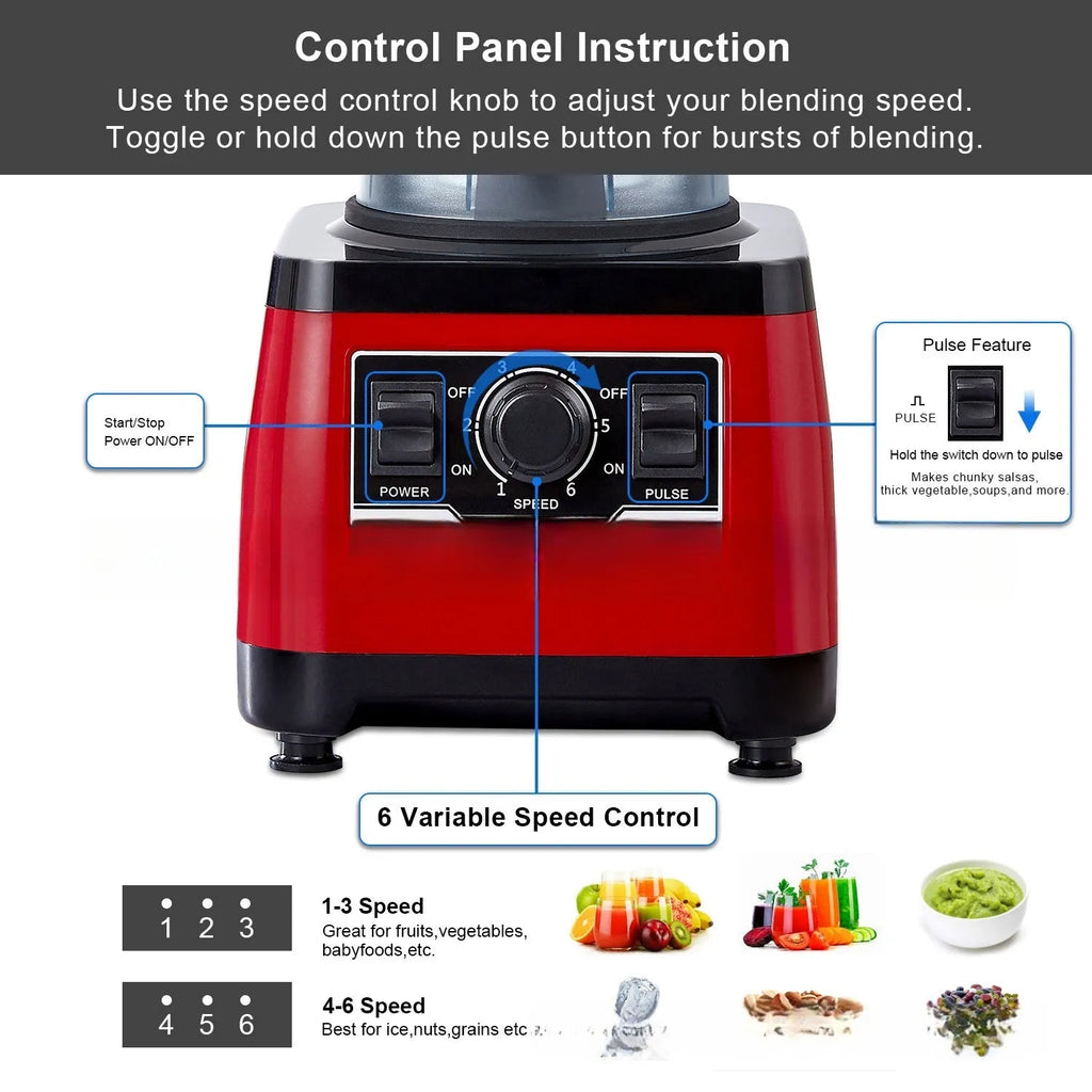Red commercial blender with 2200W motor and 2-litre capacity for industrial food preparation