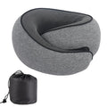 Black U-shaped memory foam travel neck pillow with storage bag, shown next to dark blue and grey colour options.